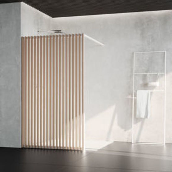 Paroi de douche fixe verre clair traité 4 mm et claustra en aluminium effet bois | JAPANDI