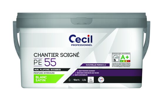 Peinture de finition blanche à haut pouvoir couvrant sur chantier exigeants | Cecil pro PE 55 - produit présenté par GROUPE V33