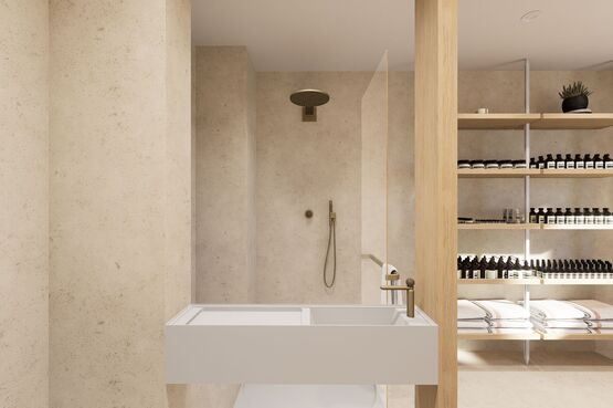 Plan de toilette autoportant avec vasque en scene solid surface | SOUL - produit présenté par HIDROBOX BY TECE