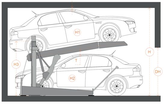 Plateforme de stationnement pour 2 voitures sans fosse pour plafond à faible hauteur ( 2,70 m minimum) | OPTILIFT - CARPARK SYSTEM
