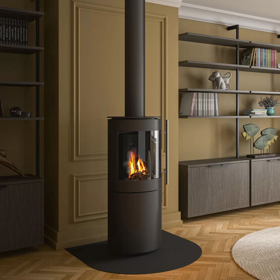 Poêle à bois rond acier noir porte vitrée - ANETO 7,6 kW