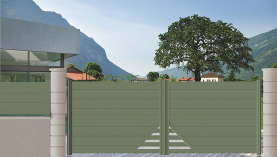 Portail battant ou coulissant en aluminium avec décor à barreaudage  | Portail alu design PYRAMIDE - ROTHE