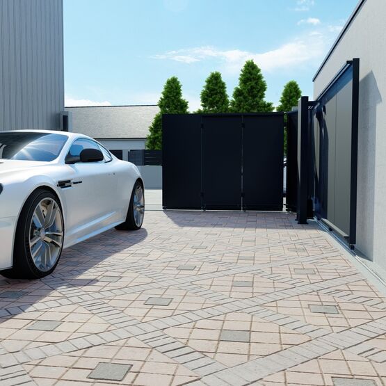 Portail sectionnel en aluminium jusqu'à 6 m de largeur adapté aux petits espaces  - produit présenté par KOSTUM  MAISON CADIOU