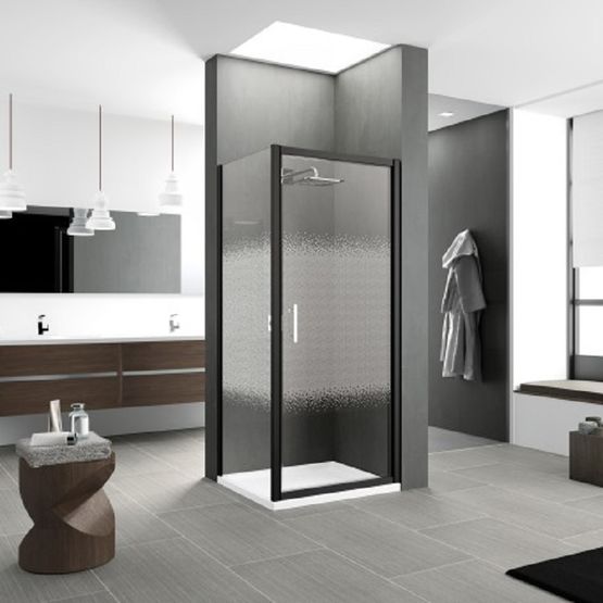 Porte de douche pivotante en verre transparent avec des profilés noirs | ZAPHYROS G