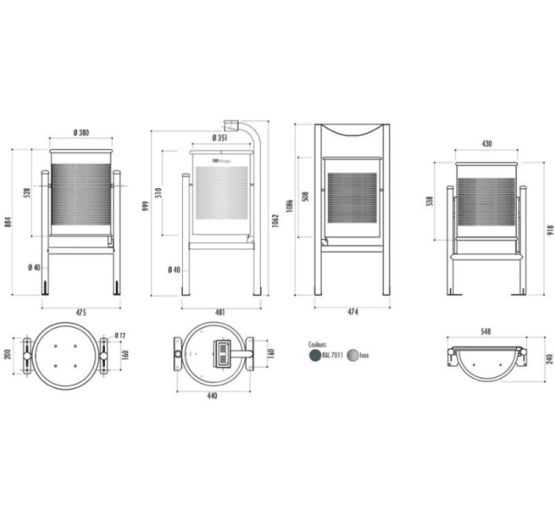  Poubelle extérieur ronde Barcelona - Acier gris ral 7011 - NORMEQUIP