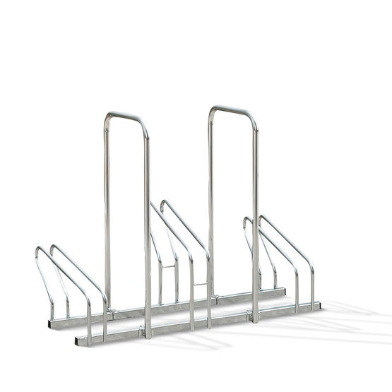 Râtelier 3 vélos côte à côte sur 2 niveaux avec arceaux pour antivol