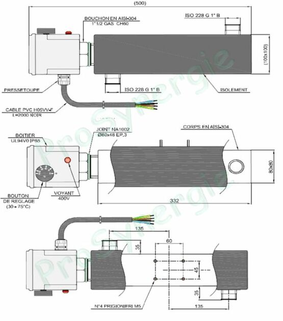  Réchauffeur de boucle isolé + pattes de fixation chauffage ou sanitaire corps inox AISI 304 avec Thermoplongeur Capoté IP55 230V ou 400V (3 à 9 KW) - raccordement MØ 1&#039;&#039; (26/34) | SITE000523 - Chauffe-eau électrique à accumulation