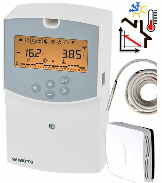 Régulation Watts climatique - Climatic Control H&amp;C (commande moteur V3V circuit régulé + 2ème circuit type ECS) sonde départ et extérieur (Filaire ou Radio sans fil) | SITE011784
