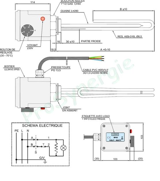 Résistance d´appoint thermoplongeur inox 230V ou 400V triphasé raccordement 1’’1/2M | Thermador - Régulateurs pour chauffage et climatisation