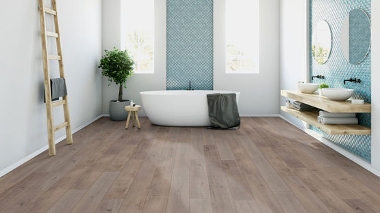  Revêtement de sol stratifié hydrofuge en bois Dureco Classic Line | A07 Chêne gris taupe lame large - Parquets stratifiés