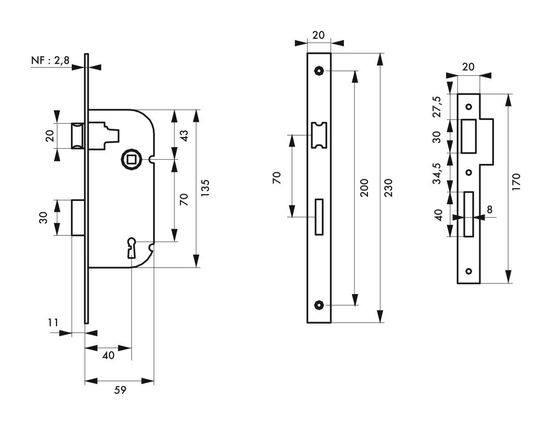  Serrure encastrable pour porte d&#039;intérieur nf z/br 1 clé - BEAURAIN DISTRIBUTION