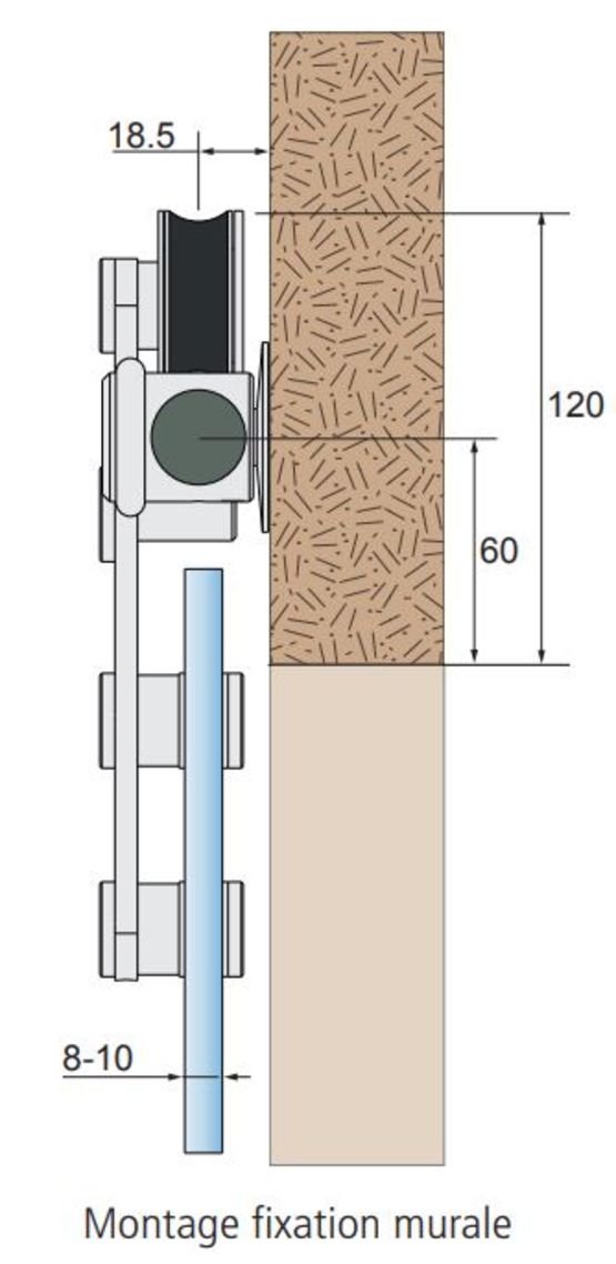  Système coulissant Inox sur rail rond pour panneau de 8 à 10 mm capacité 80 Kg | TUB-DESIGN 80 G - Système coulissant en applique ou à encastrer