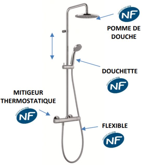  Système douche thermostatique NF chromé pomme ronde ABS | PRO 1 - Barre de douche avec douchette