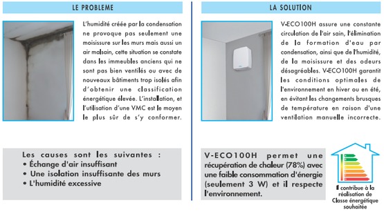  Ventilation double flux avec récupération de chaleur, basse consommation 3W | V-ECO100H - Ventilation, prises d'air intégrées