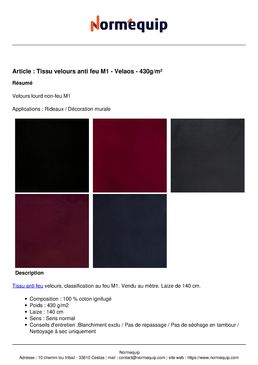 Tissu velours anti feu M1 - Velaos - 430g/m²