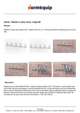 Râtelier 5 vélos mural - Angle 90°