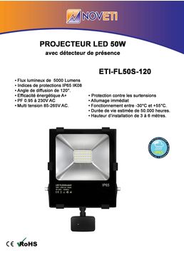 Projecteur LED 50W avec détecteur de présence | ETI-FL50S-120 NOVETI
