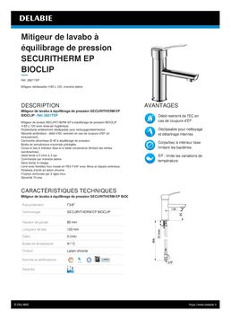 Mitigeur de lavabo à équilibrage de pression | SECURITHERM EP BIOCLIP Réf. 2821TEP