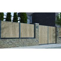 Duo clôture et portail à cadre aluminium et lames en PVC aspect bois | Perspective