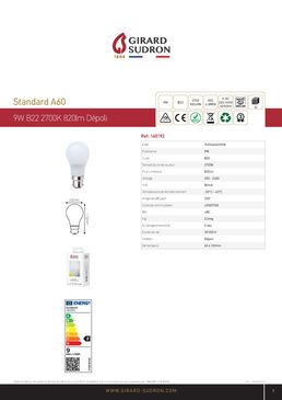 Ampule LED standard A60 330° 9W B22 2 700 k 806 Lm 3125461601928 | 160192