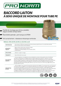 Raccords laiton à Sens Unique de MOntage SUMO pour tube PE | PRONORM