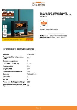 Poêle à bois rectangulaire acier noir porte vitrée | OSSAU