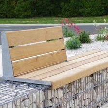 Banc gabion pierre avec dossier, structure métal et bois naturel Cèdre français | Gamme Evol