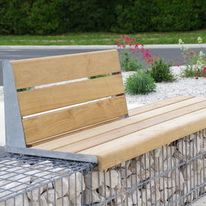 Banc gabion pierre avec dossier, structure métal et bois naturel Cèdre français | Gamme Evol