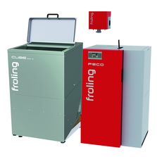 Chaudière à granulés basse température / Chaudière à biomasse avec silo de stockage 15-35 kW | PACK PELLET PECO avec silo à granulés cube 500