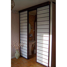 Cloisons mobiles en panneaux de toile avec cadre et lattes en bois | Panneaux coulissants