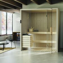 Cabine de sauna modulable et réglable en panneaux bois fraisés pour logement | Sauna Fun