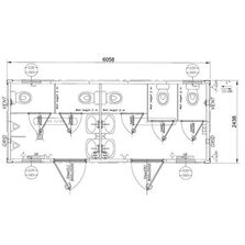 Module ou cabane avec sanitaire Hommes/Femmes, 5xWC, 2xUrinoirs, 4xLavabos | EUROPBOX 