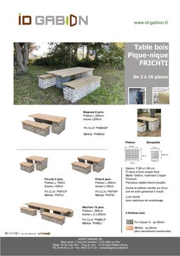 Table pique nique en gabion pierre structure métal et bois Cèdre français ou Pin CLIV | Gamme Frichti