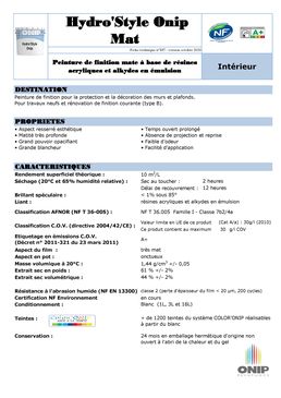 Peinture de finition pour murs et plafonds teintable à haut rendement | Hydro'Style Onip