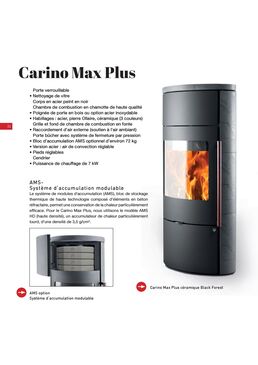 Poêle à bois en acier - céramique (3 au choix) - Pierre Ollaire et option  AMS kit d'accumulation | Carino Max Plus 