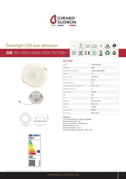 Spot encastré avec détecteur 10 W CCT 3000/4000/6000 | ZeroWatt Downlight ZOE