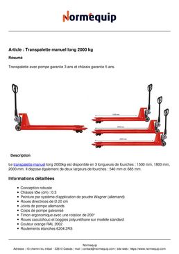 Transpalette manuel long 2000 kg