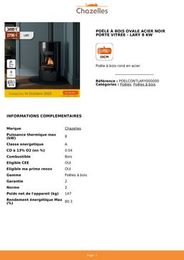 Poêle à bois ovale acier noir porte vitrée 8 kW | LARY 	