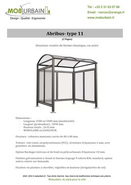 Abribus vouté type 11 - fermé 3 côtés- L250 cm
