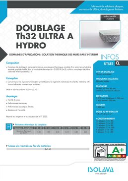 Plaque de plâtre isolante jusqu'à 0.032 de conductivité thermique  | DOUBLAGE TH32 ULTRA A|ULTRA A HYDRO|ULTRA A SOUND