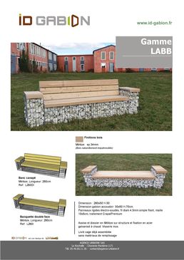 Banc canapé gabion pierre avec dossier et accoudoirs, structure métal et bois mélèze | Gamme LABB