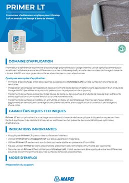Primaire d’accrochage acrylique | PRIMER LT pour mortiers de lissage et ULTRATOP LOFT